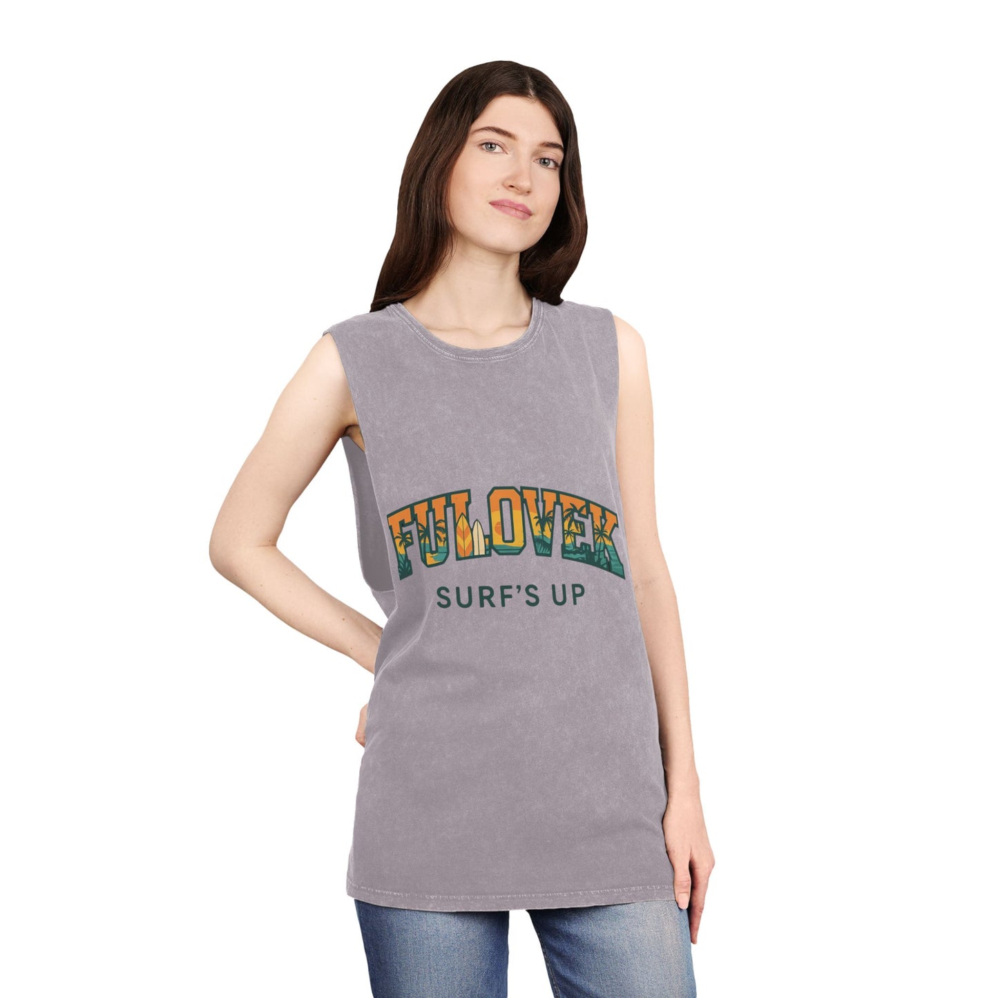 FULOVEK - Unisex Stonewash Tank Top - Surf's Up Design for Beach Lovers