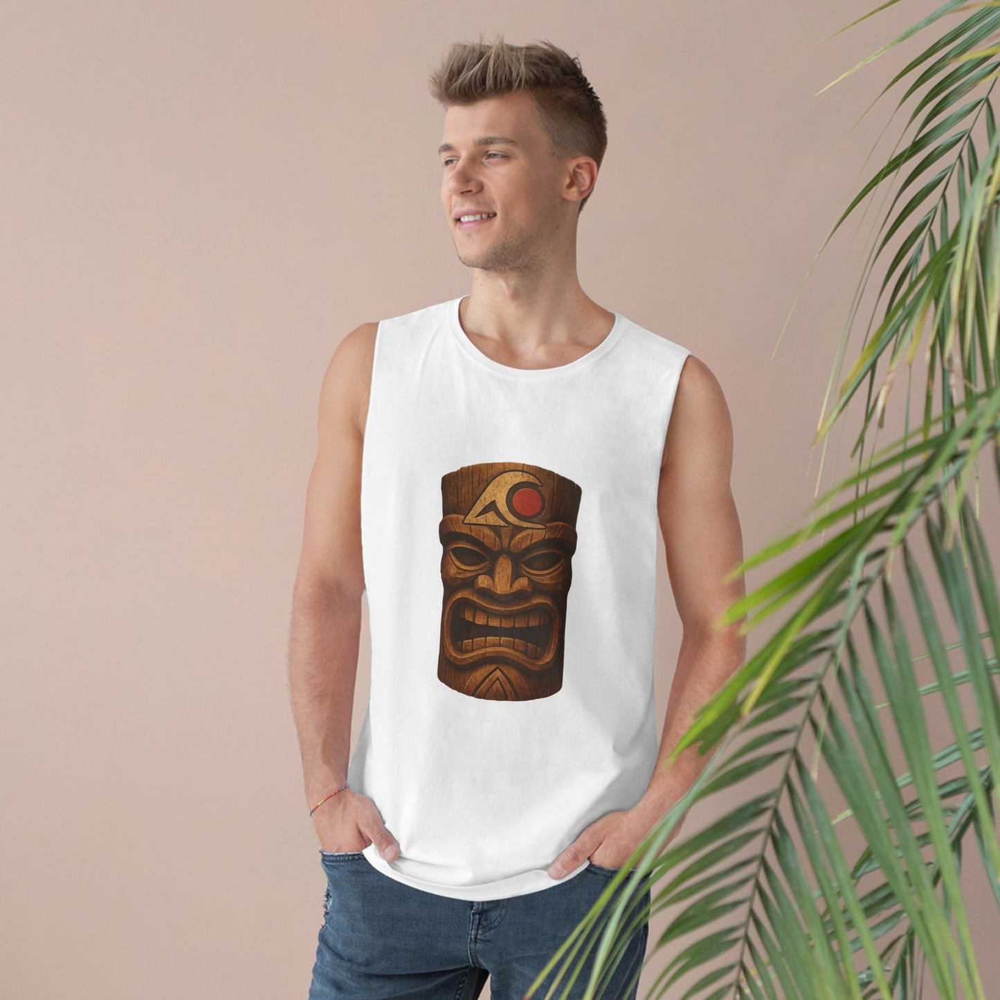 Unisex Tiki Tank Top, Summer Casual Wear, Tropical Vacation Shirt, Beach Party Attire, Outdoor Festival Clothing