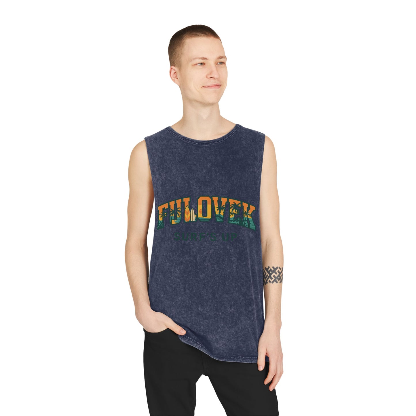 FULOVEK - Unisex Stonewash Tank Top - Surf's Up Design for Beach Lovers