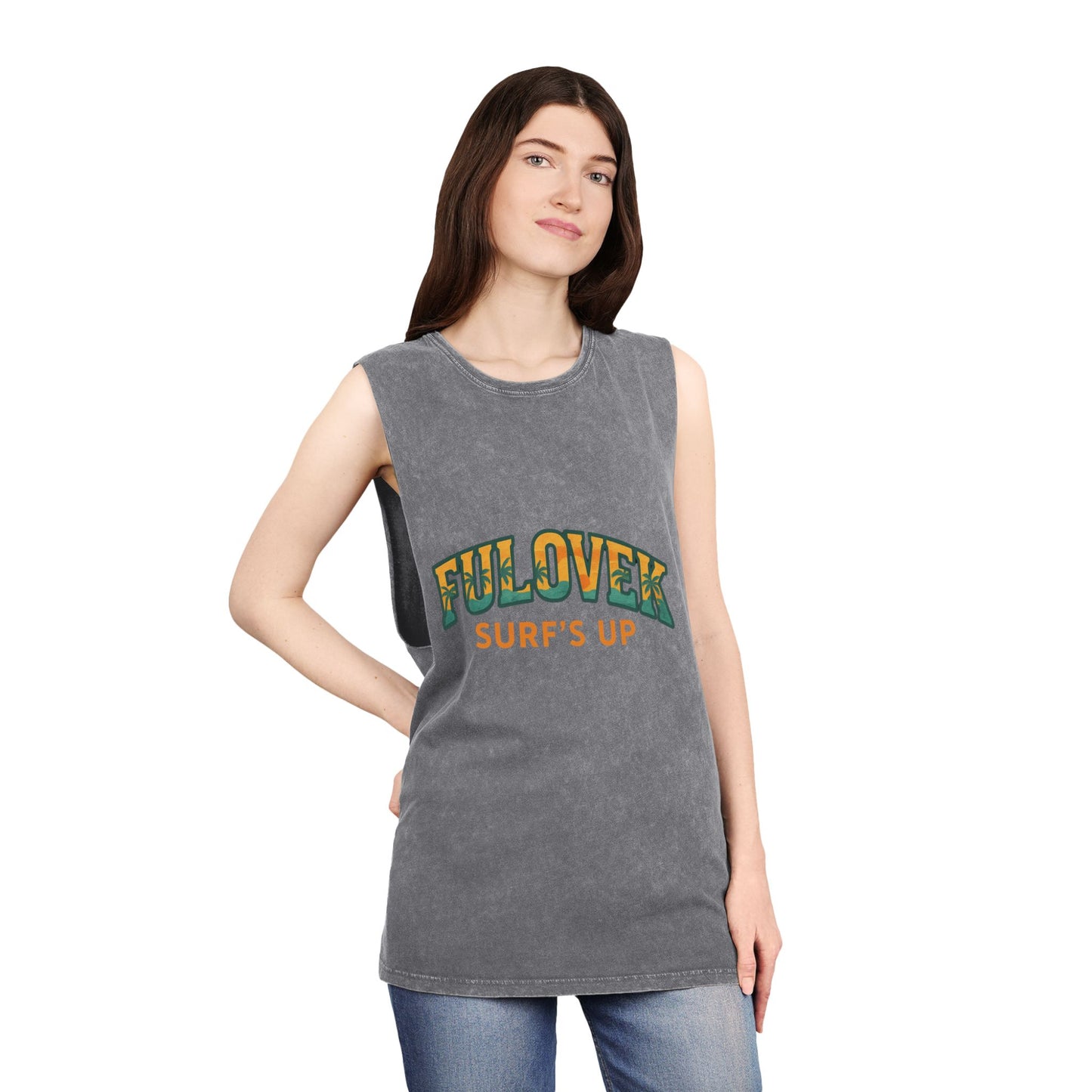 FULOVEK - Unisex Stonewash Tank Top - Surf's Up Design for Beach Lovers