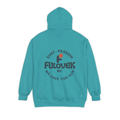 FULOVEK - Unisex Garment-Dyed Hoodie - Surf Passion, Casual Hoodie for Beach Lovers, Summer Apparel, Gift for Surfers, Travel Clothing