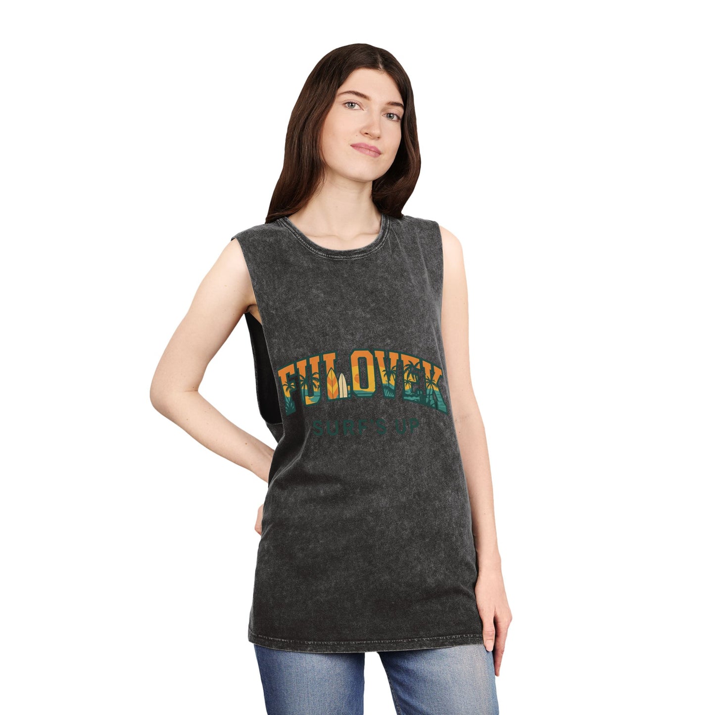 FULOVEK - Unisex Stonewash Tank Top - Surf's Up Design for Beach Lovers