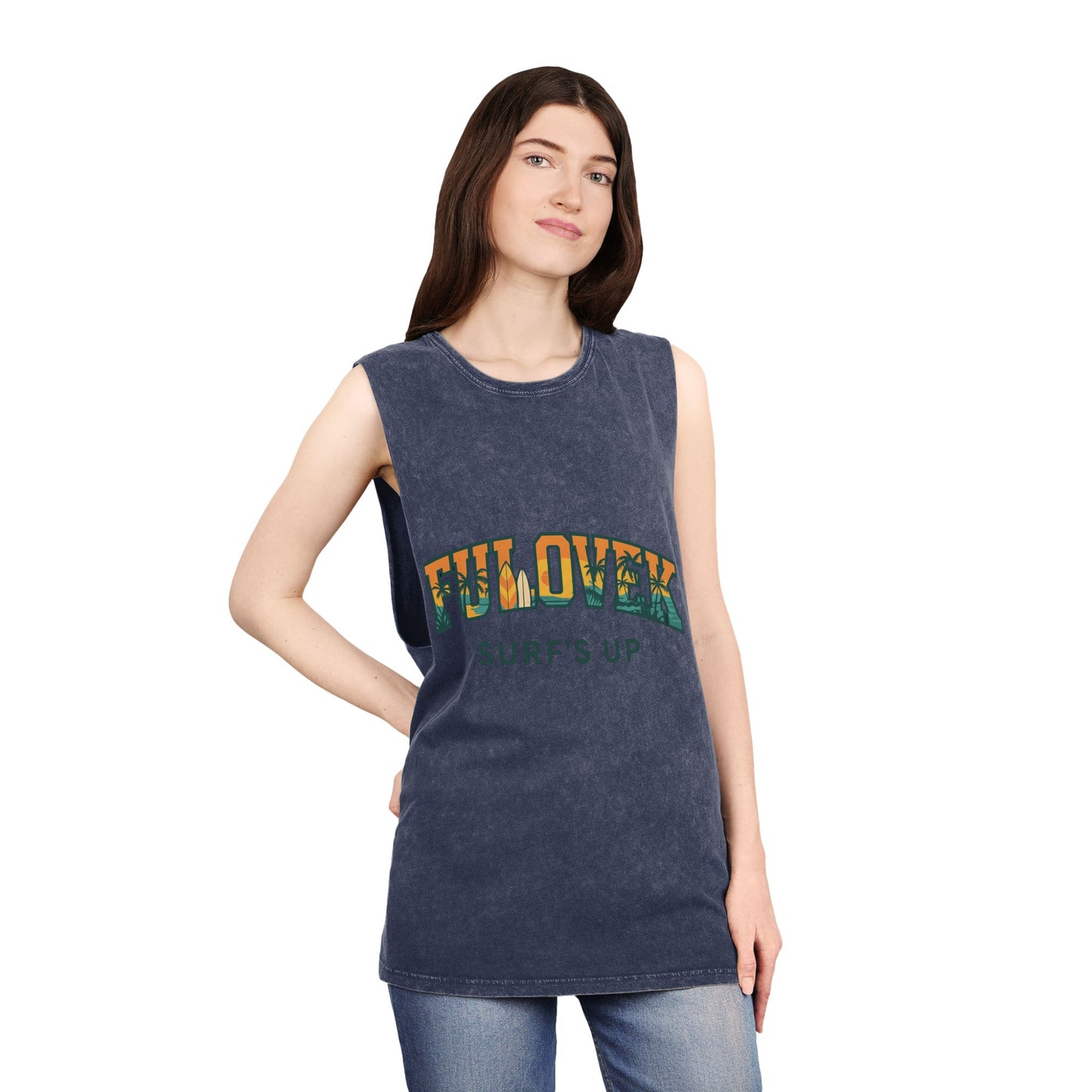 FULOVEK - Unisex Stonewash Tank Top - Surf's Up Design for Beach Lovers