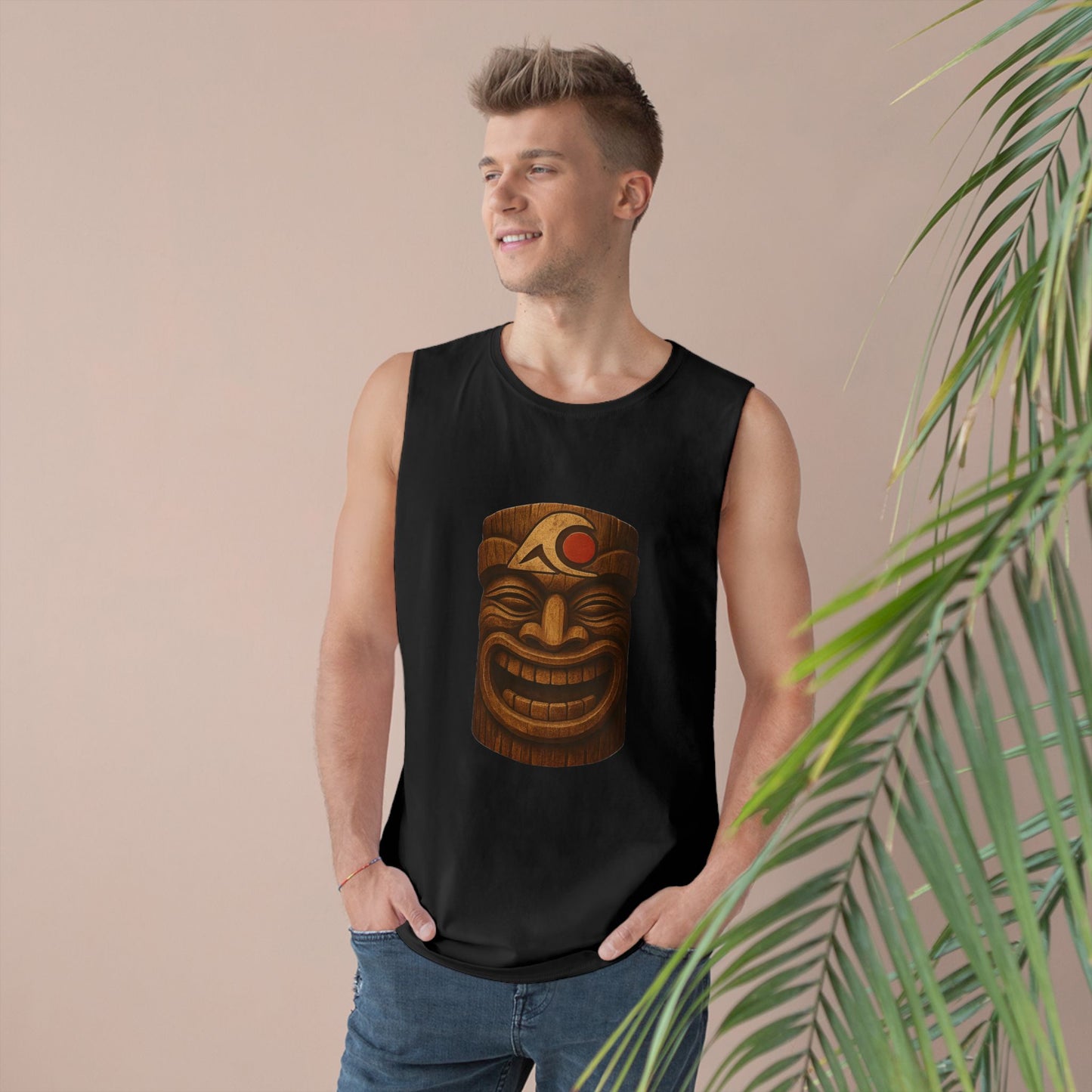Unisex Tiki Tank Top, Summer Casual Wear, Tropical Vacation Shirt, Beach Party Attire, Outdoor Festival Clothing