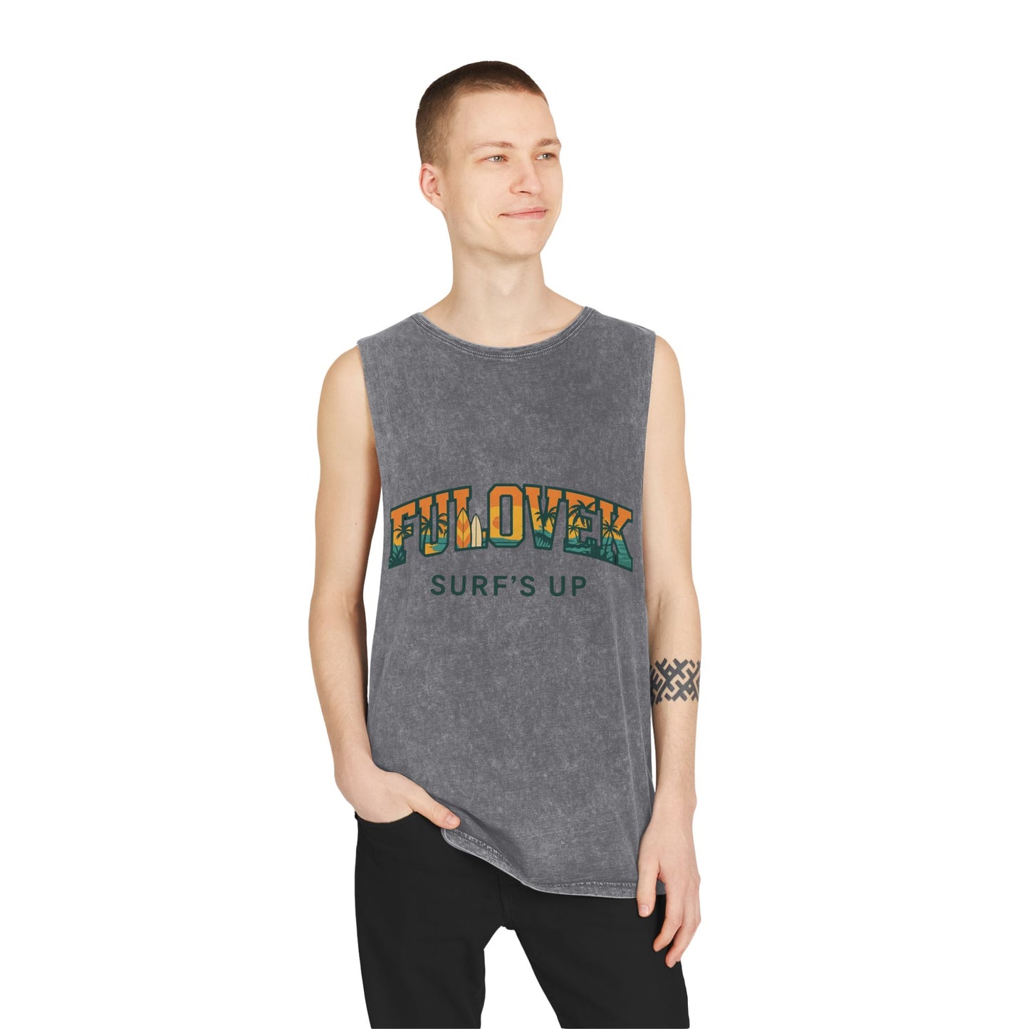 FULOVEK - Unisex Stonewash Tank Top - Surf's Up Design for Beach Lovers