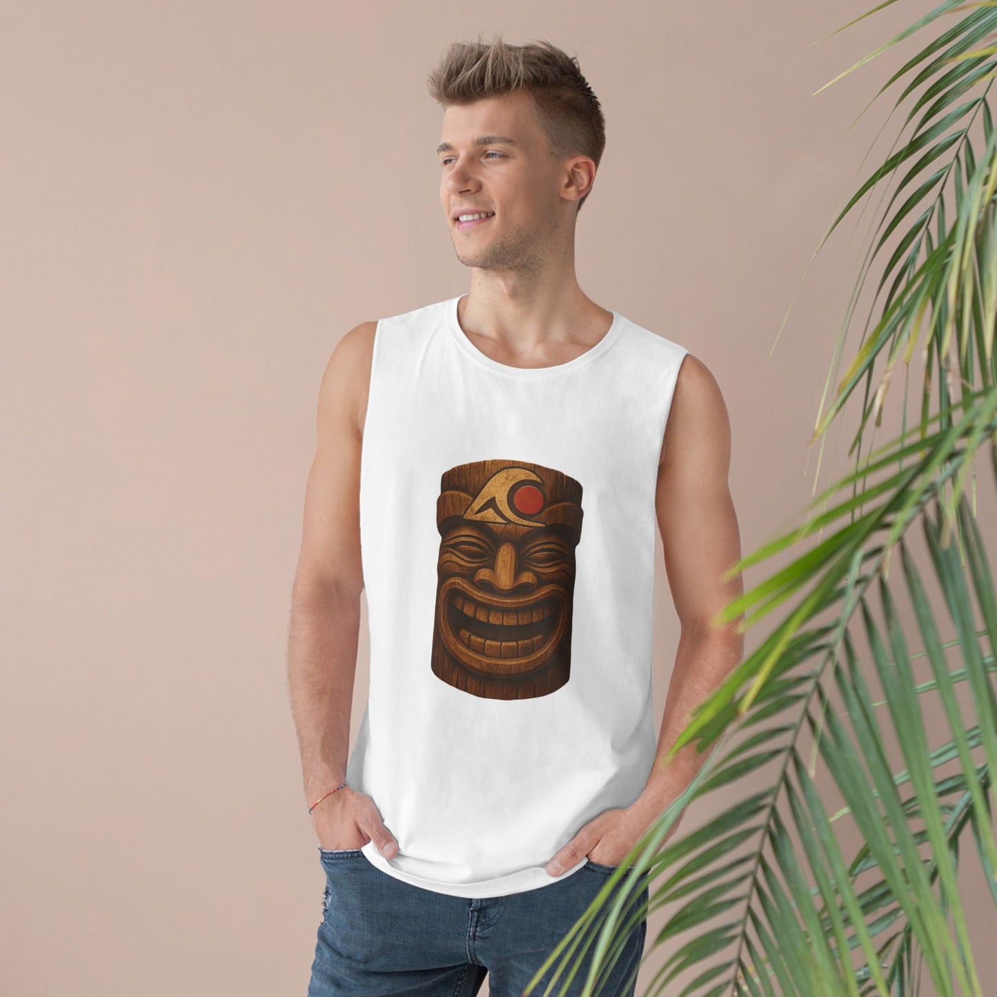 Unisex Tiki Tank Top, Summer Casual Wear, Tropical Vacation Shirt, Beach Party Attire, Outdoor Festival Clothing