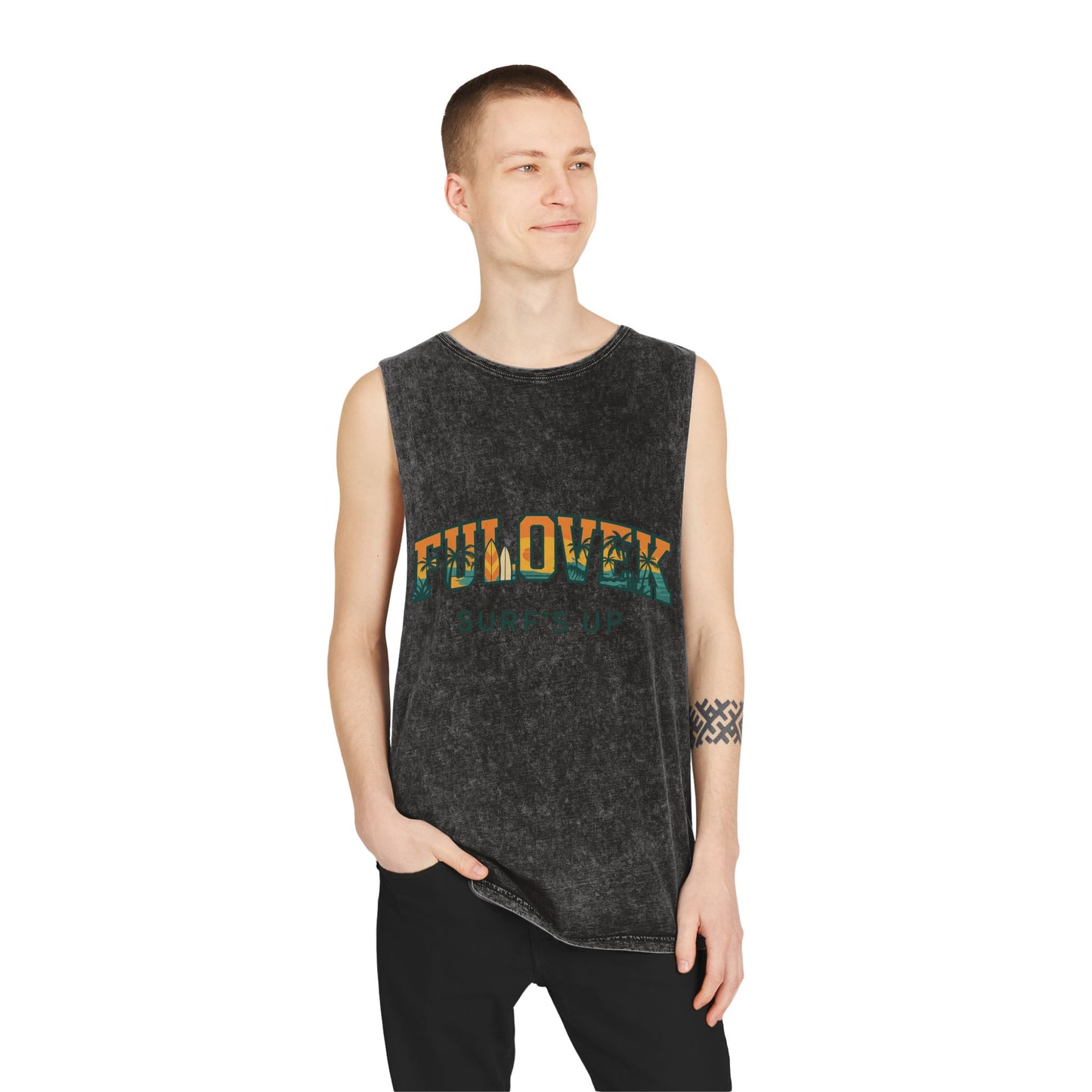 FULOVEK - Unisex Stonewash Tank Top - Surf's Up Design for Beach Lovers