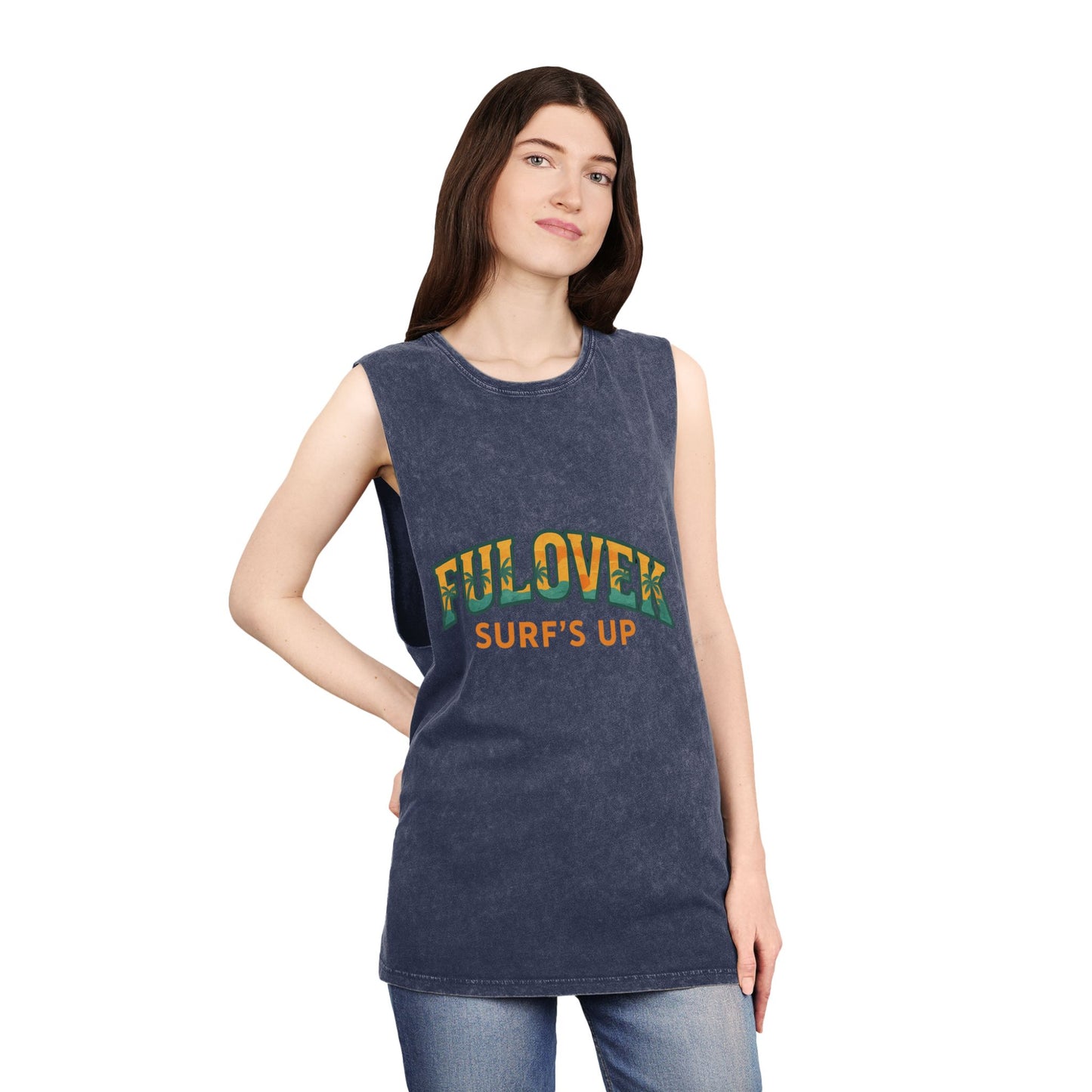 FULOVEK - Unisex Stonewash Tank Top - Surf's Up Design for Beach Lovers