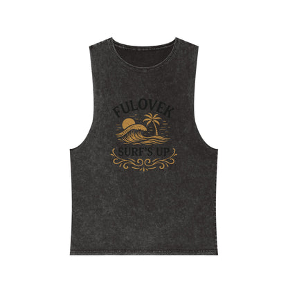 FULOVEK - Unisex Stonewash Tank Top - Surf's Up Design for Beach Lovers