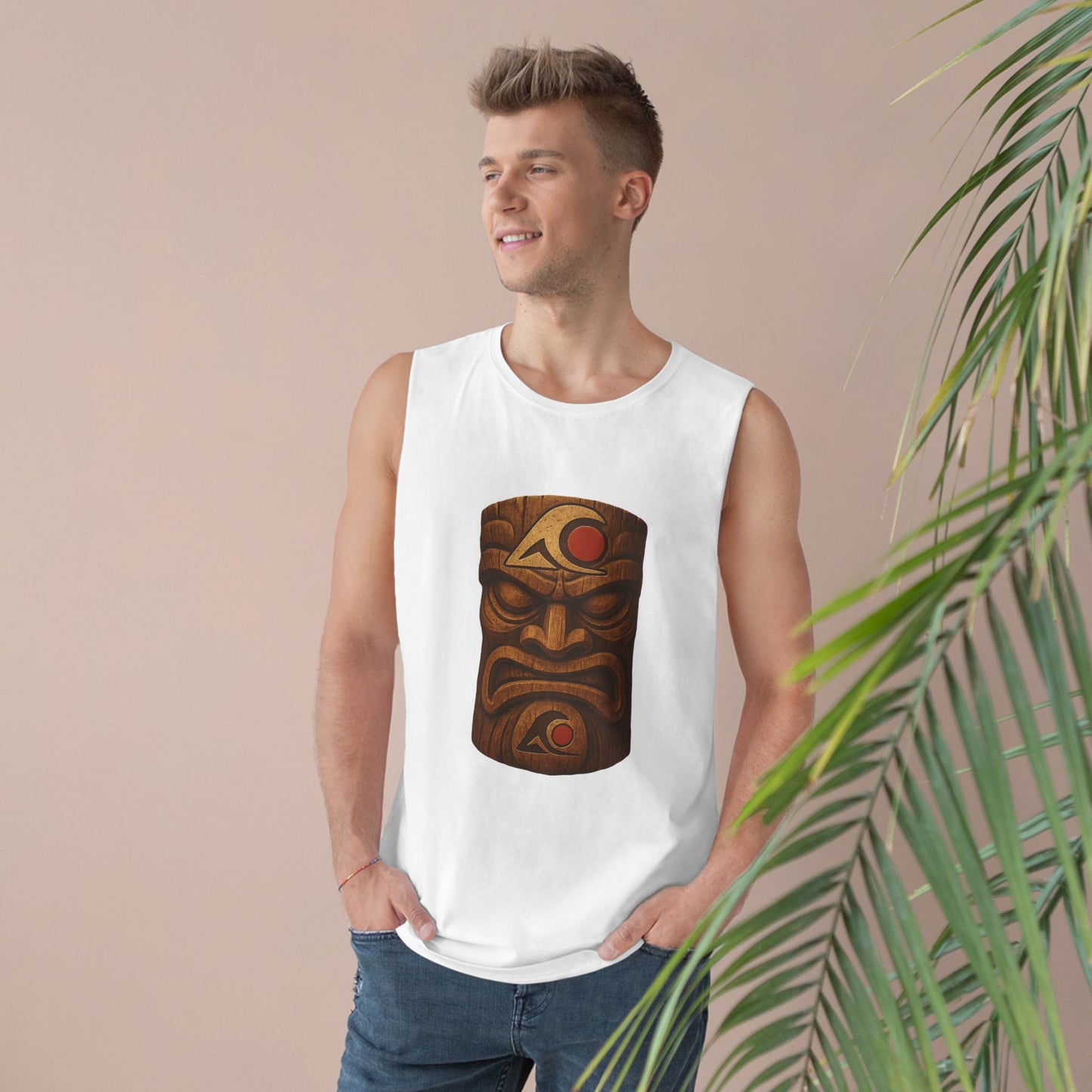Unisex Tiki Tank Top, Summer Casual Wear, Tropical Vacation Shirt, Beach Party Attire, Outdoor Festival Clothing