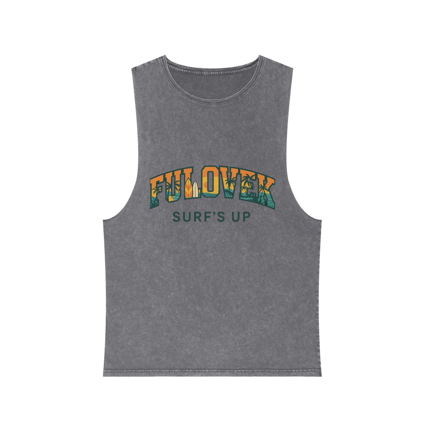FULOVEK - Unisex Stonewash Tank Top - Surf's Up Design for Beach Lovers